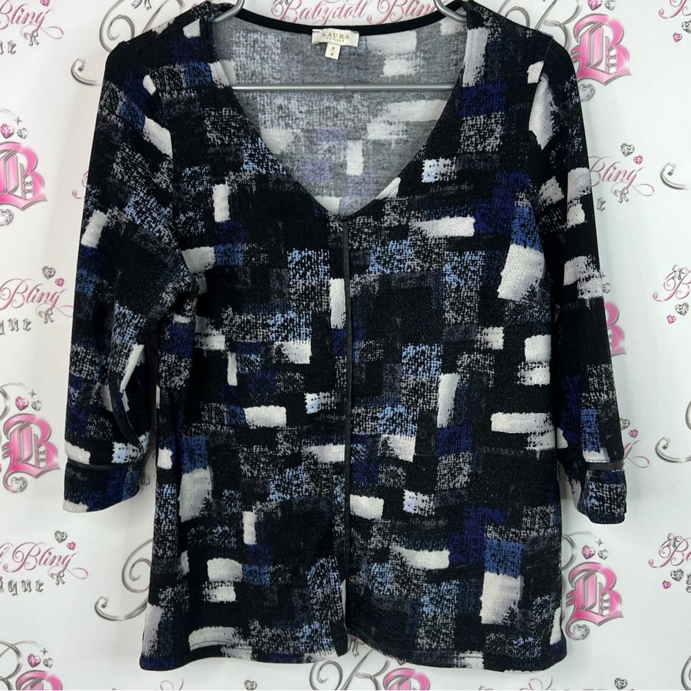 Laura long sleeve top shiny trim details black blue Abstract Patterned Sweater